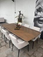 Unieke Chocoladebruine Vissegraat Eettafel + Luxe Stoelen, Ophalen, 200 cm of meer, 50 tot 100 cm, Zo goed als nieuw