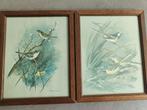 2 Vintage Basil - Ede  vogel schilderijen koolmezen en mees, Minder dan 50 cm, Ophalen of Verzenden, Zo goed als nieuw, Schilderij