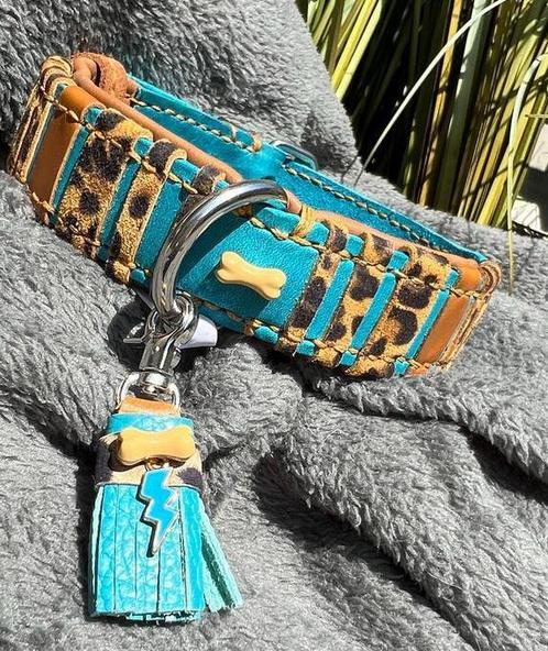 Turquoise leer halsband cognac nappa panter leer deco 30-39, Dieren en Toebehoren, Hondenhalsbanden en Penningen, Nieuw, Handgemaakt