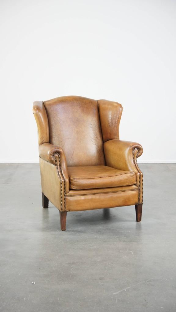 Prachtige schapenleren oorfauteuil met een zeer mooie kleur, Huis en Inrichting, Fauteuils, Gebruikt, Leer, 75 tot 100 cm, 75 tot 100 cm