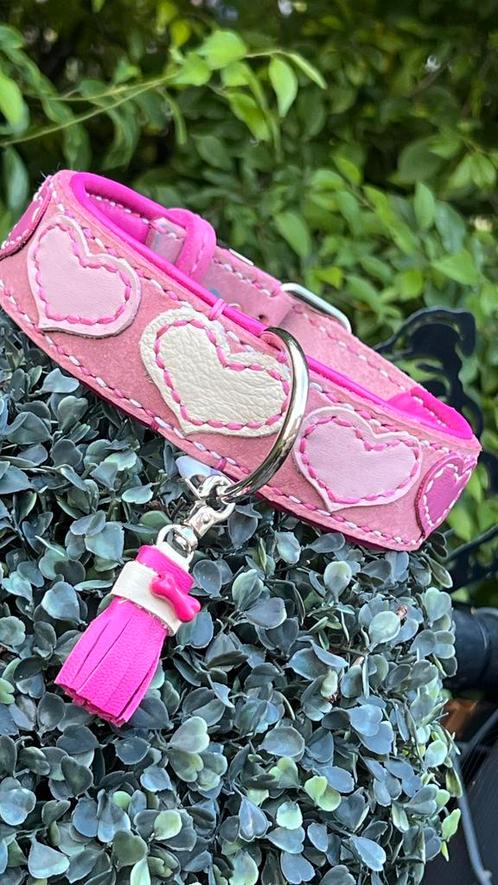 Halsband roze leer nappa leer hartjes deco voering 39-46 cm, Dieren en Toebehoren, Hondenhalsbanden en Penningen, Nieuw, Ophalen of Verzenden