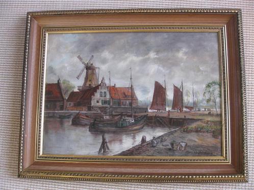 Hans Reifferscheid, "Afgemeerde boten aan een kade"., Antiek en Kunst, Kunst | Schilderijen | Klassiek, Ophalen of Verzenden