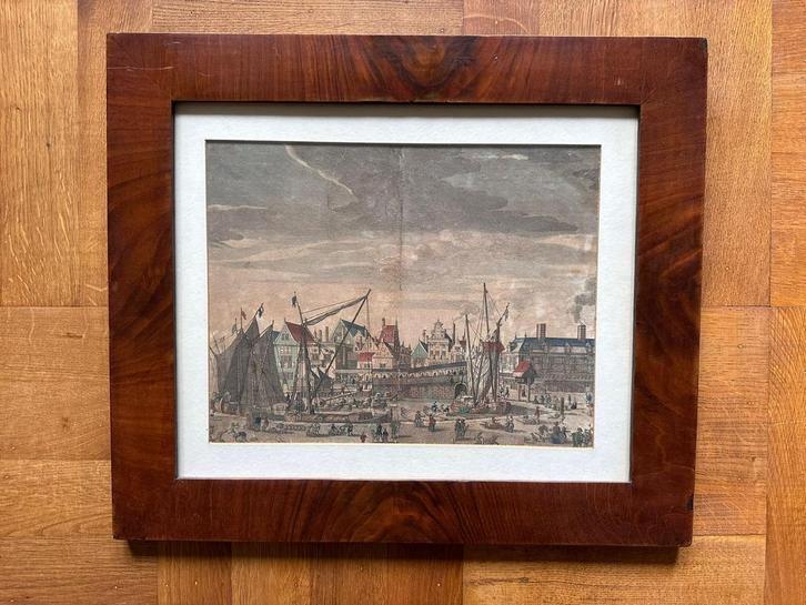 Antieke kopergravure De Dam / Vismarkt Amsterdam 1726, Antiek en Kunst, Kunst | Etsen en Gravures, Ophalen of Verzenden