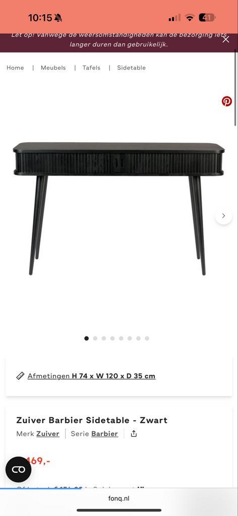Zwarte Zuiver Barbier Sidetable, Huis en Inrichting, Tafels | Sidetables, Zo goed als nieuw, 25 tot 50 cm, 100 tot 150 cm, Rechthoekig