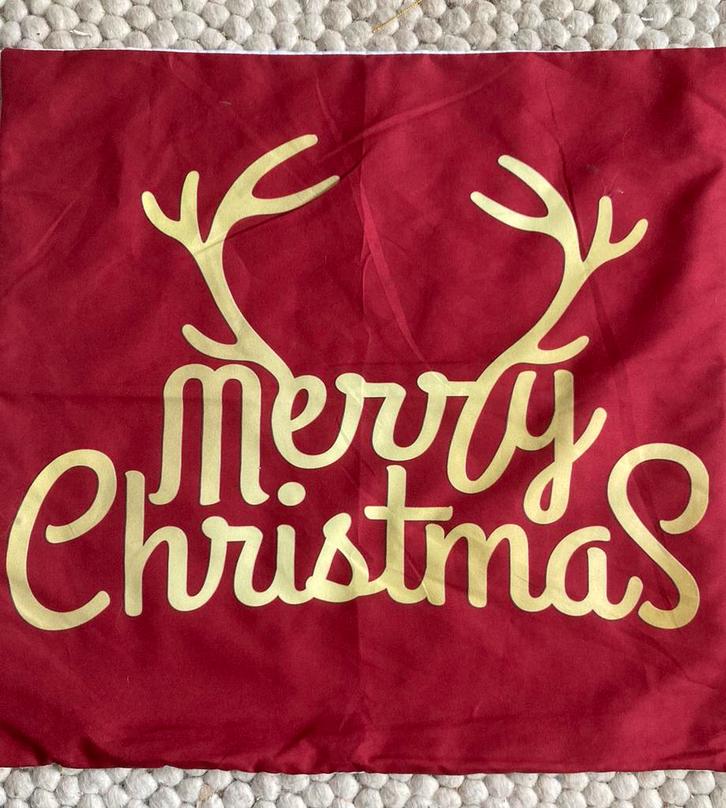 Kerstdecoratie Merry Christmas rendier gewei rood goud 2, Huis en Inrichting, Woonaccessoires | Kussens, Nieuw, Rood, Vierkant