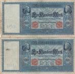 2 Reichsbankbiljet van 100 mark; rode zegels Duitsland 1910, Postzegels en Munten, Bankbiljetten | Europa | Niet-Eurobiljetten