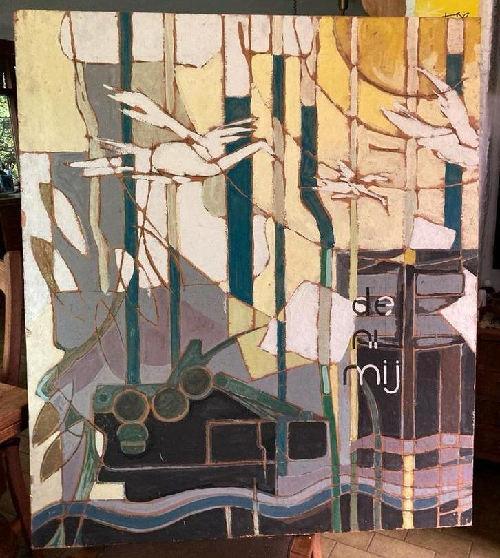 Abstract Schilderij met Vogels, de ni mij, mogelijk olieverf, Antiek en Kunst, Kunst | Schilderijen | Klassiek, Ophalen of Verzenden