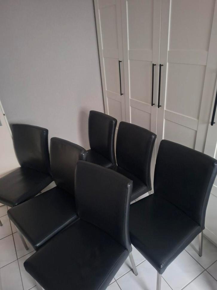 Zwarte lederen eetkamerstoelen - set van 6, Huis en Inrichting, Stoelen, Gebruikt, Vijf, Zes of meer stoelen, Leer, Metaal, Zwart