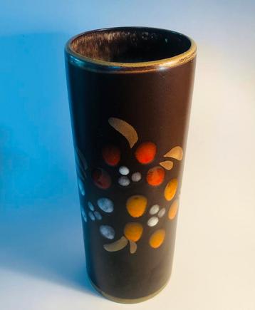 Vintage vaas, 30 cm hoog, bruin met gekleurde stippen beschikbaar voor biedingen