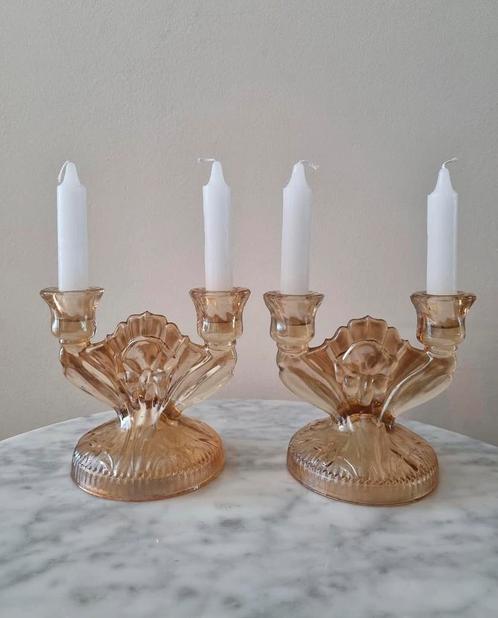 Vintage set parelmoer iriserend glazen kandelaars oranje, Antiek en Kunst, Antiek | Kandelaars, Glas, Ophalen of Verzenden