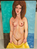 Schilderij vrouw staand naakt strand zee, Ophalen of Verzenden