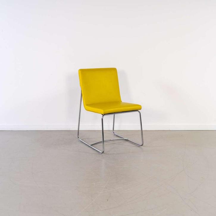 4x Leolux Spring Eetkamer Stoel Dancer Okergeel Leer -Chroom, Huis en Inrichting, Stoelen, Zo goed als nieuw, Leer, Metaal, Overige kleuren