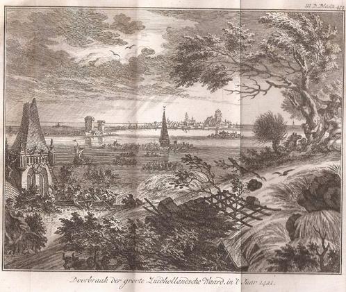 Doorbraak der Groote Zuid Hollandsche Waard, in 't Jaar 1421, Antiek en Kunst, Kunst | Etsen en Gravures, Ophalen of Verzenden