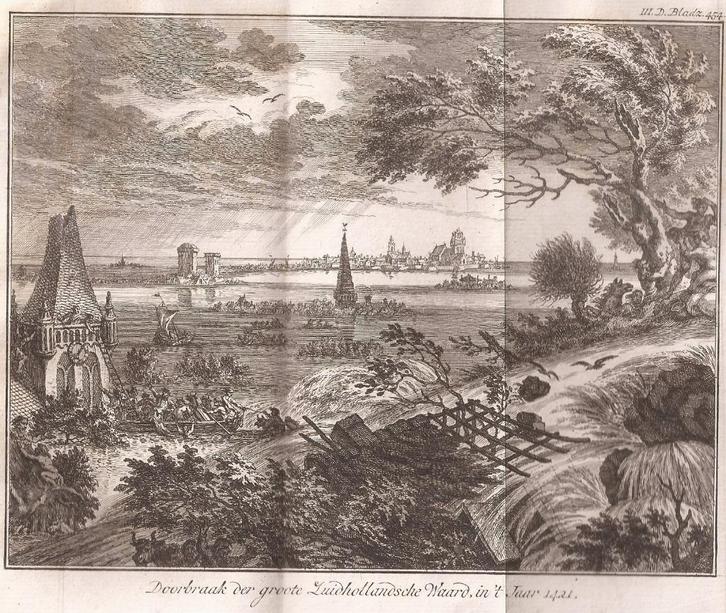 Doorbraak der Groote Zuid Hollandsche Waard, in 't Jaar 1421, Antiek en Kunst, Kunst | Etsen en Gravures, Ophalen of Verzenden