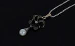 Diamanten parel antieke 14k gouden hanger ketting zilver, Ophalen of Verzenden, Goud, Ketting, Met edelsteen
