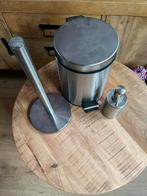 Metaal kleurig prullenbak, wc rol houder en zeeppompje, Ophalen of Verzenden, Zo goed als nieuw, Minder dan 10 liter, Rvs