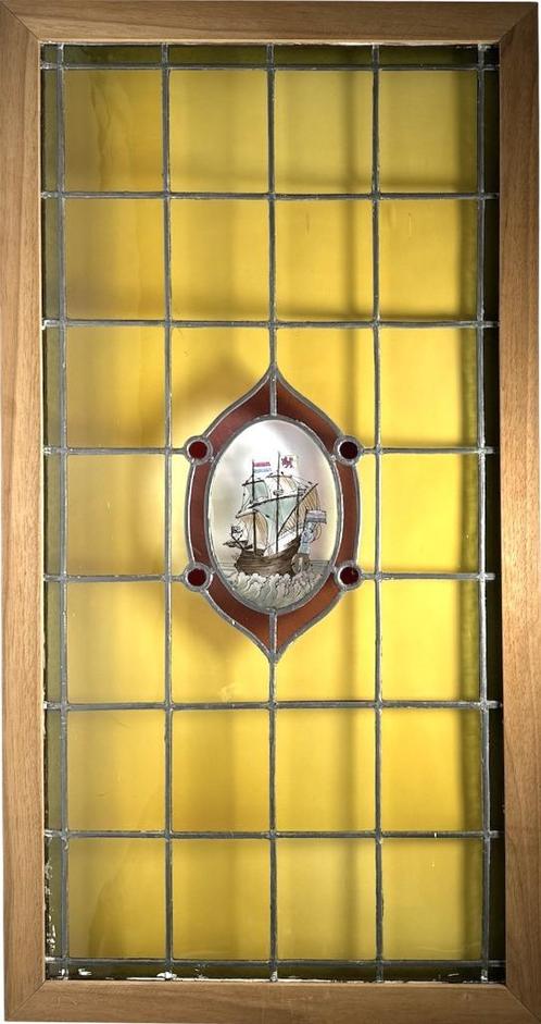108. Glas-in-lood raam, Halve Maen VOC schip, 20e eeuw, Antiek en Kunst, Curiosa en Brocante, Ophalen of Verzenden