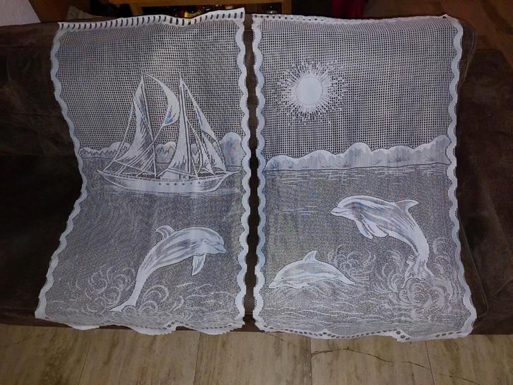 Bistro Gordijnen met Dolfijnen en Zeilboot, Huis en Inrichting, Stoffering | Gordijnen en Lamellen, Zo goed als nieuw, 100 tot 150 cm