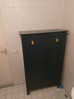 Halfhoge kast blauw met okergele grepen, Ophalen, (Half)hoge kast, Gebruikt, 100 tot 150 cm