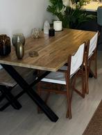 Houten tafel met metalen X poten + bankje, 100 tot 150 cm, Zo goed als nieuw, Rechthoekig, 50 tot 100 cm