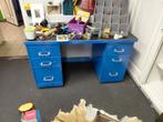Vintage Blauw industrieel Bureau met Lades, Huis en Inrichting, Bureaus, Ophalen
