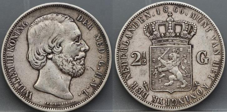 Zilveren rijksdaalder 1866 - 2 1/2 gulden 1866 Willem 3, Postzegels en Munten, Munten | Nederland, Losse munt, 2½ gulden, Koning Willem III