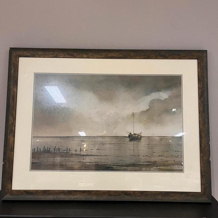 Aquarel schilderij met boot en houten palen – 102x76 cm, Antiek en Kunst, Kunst | Schilderijen | Klassiek, Ophalen