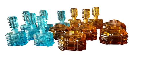 Blauw en amberkleurig Tsjechisch glas flesjes doosjes 3007, Antiek en Kunst, Antiek | Glas en Kristal, Ophalen of Verzenden
