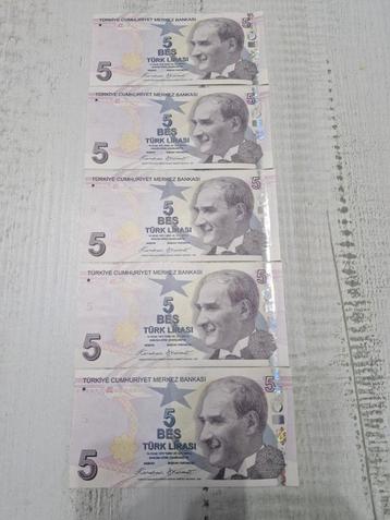 Setje opeenvolgende 5 Turkse Lira biljetten UNC beschikbaar voor biedingen