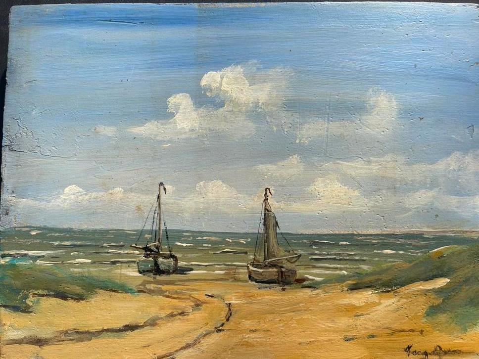 Schilderij: Kustlandschap met boten 18x24 Toon v Asten, Ophalen of Verzenden