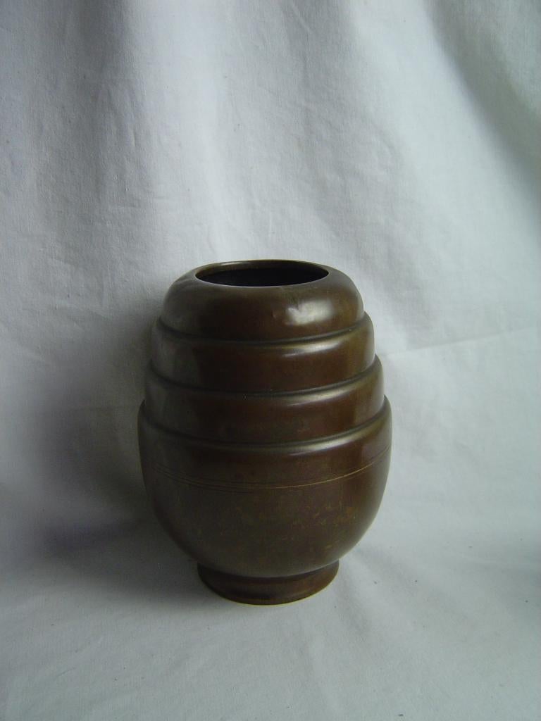 Vintage koperen vaas met reliëf strepen, Ophalen of Verzenden