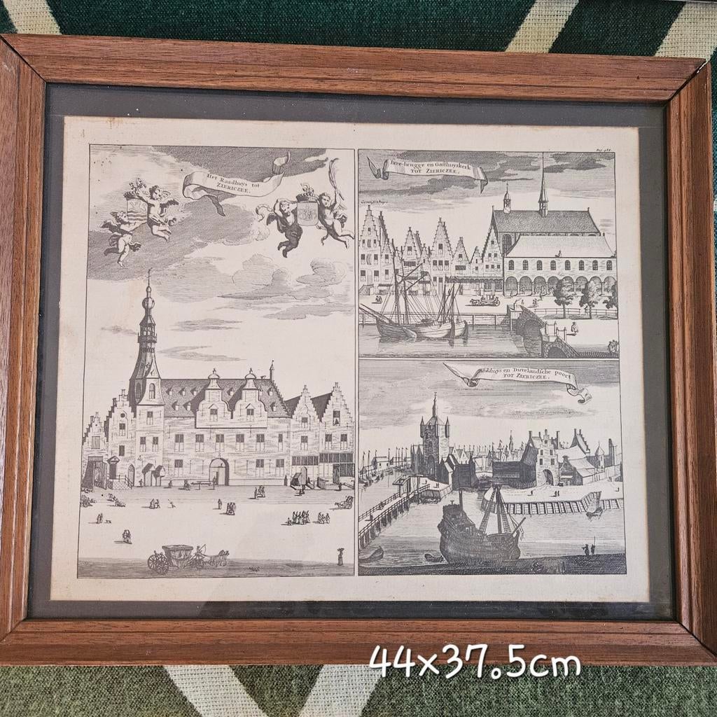 Print naar antieke gravure Zierikzee, Antiek en Kunst, Ingelijst, Stadsgezicht, Ophalen of Verzenden, Gravure