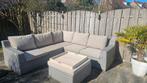 Lichtgrijze wicker loungeset met hocker en dienblad, Gebruikt, Ophalen of Verzenden, Loungeset, Wicker