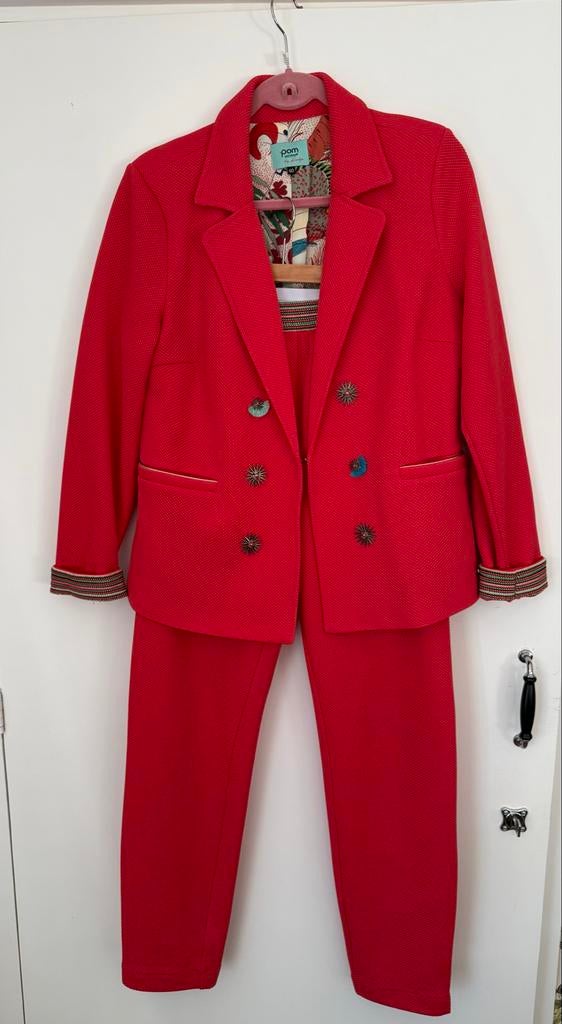 Stijlvol koraalkleurig kostuum POM Amsterdam - Maat 40, Maat 38/40 (M), Kostuum of Pak, Oranje, Ophalen of Verzenden