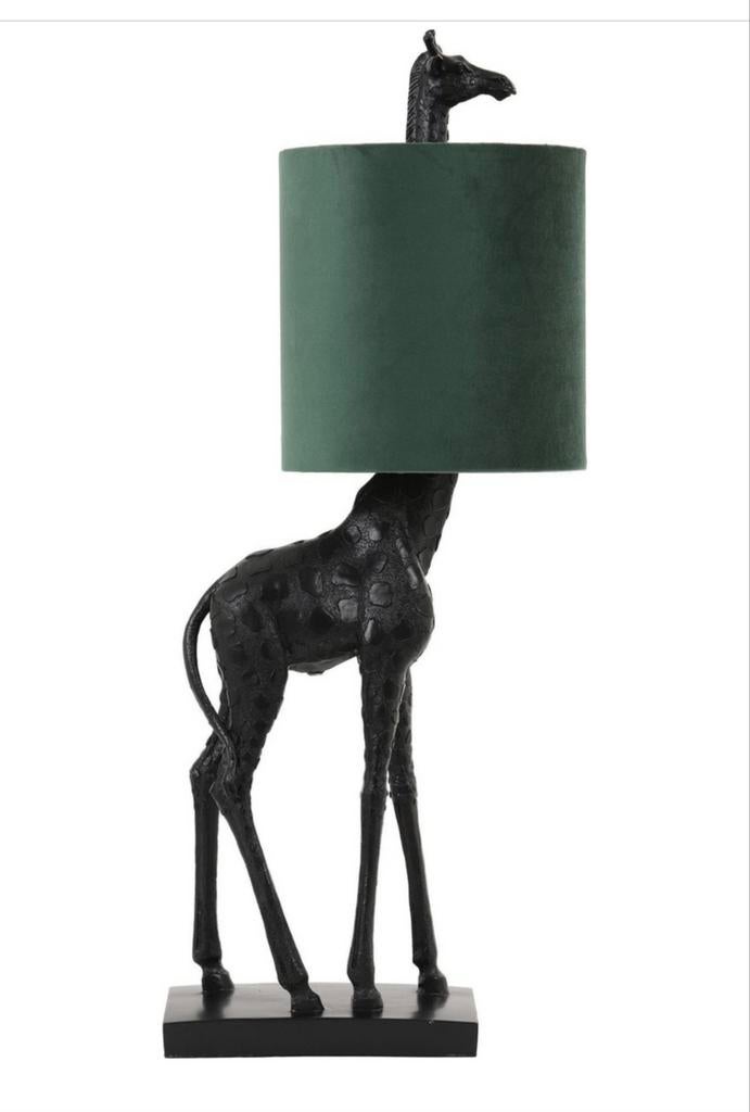 Zwarte Giraf Lamp met Groene Kap - Unieke Tafellamp, Stof, 50 tot 75 cm, Nieuw, Ophalen of Verzenden