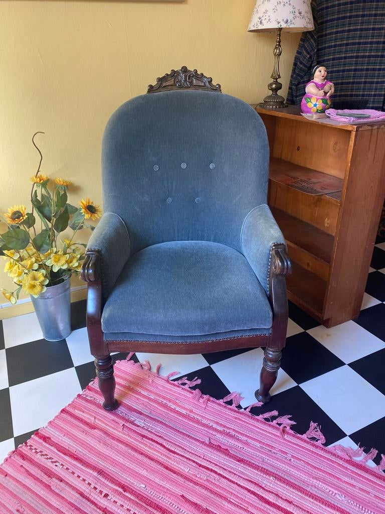 Antieke Biedermeier Fauteuil - Blauwgroen, Antiek en Kunst, Ophalen