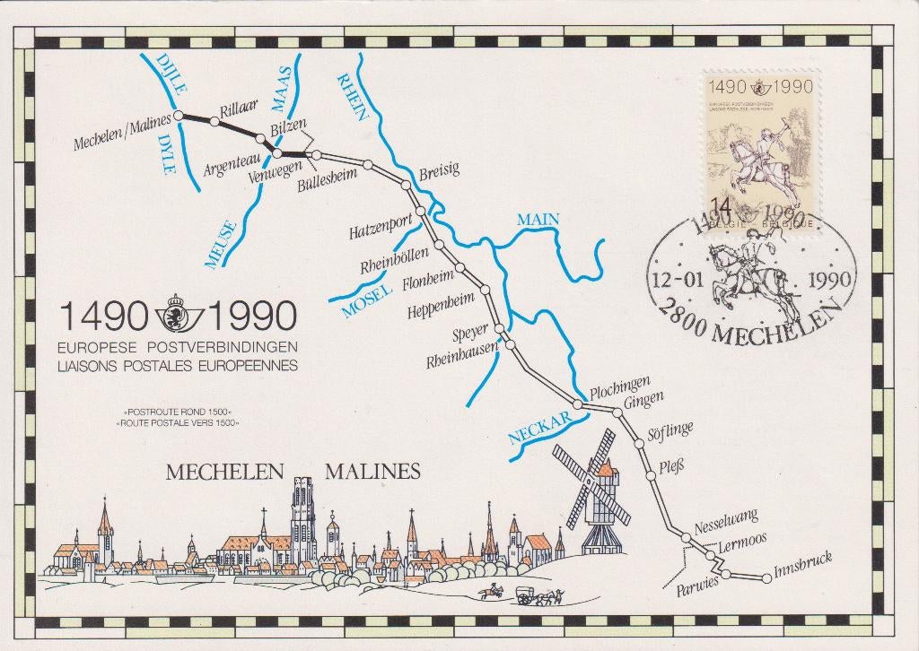 Duitsland 1990 500 jaar POST MAXI kaart Route Mechelen, Postzegels en Munten, Verzenden, Overige typen