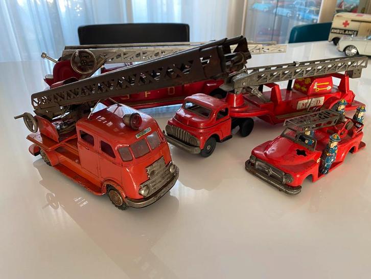 Blikken brandweer set DAF-Truck-opleggers., Antiek en Kunst, Antiek | Speelgoed, Ophalen of Verzenden