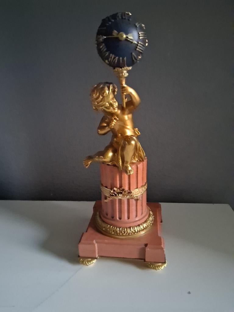 Antieke Mini Kolom Klokje: Brons & Marmer met Cupido, Ophalen of Verzenden