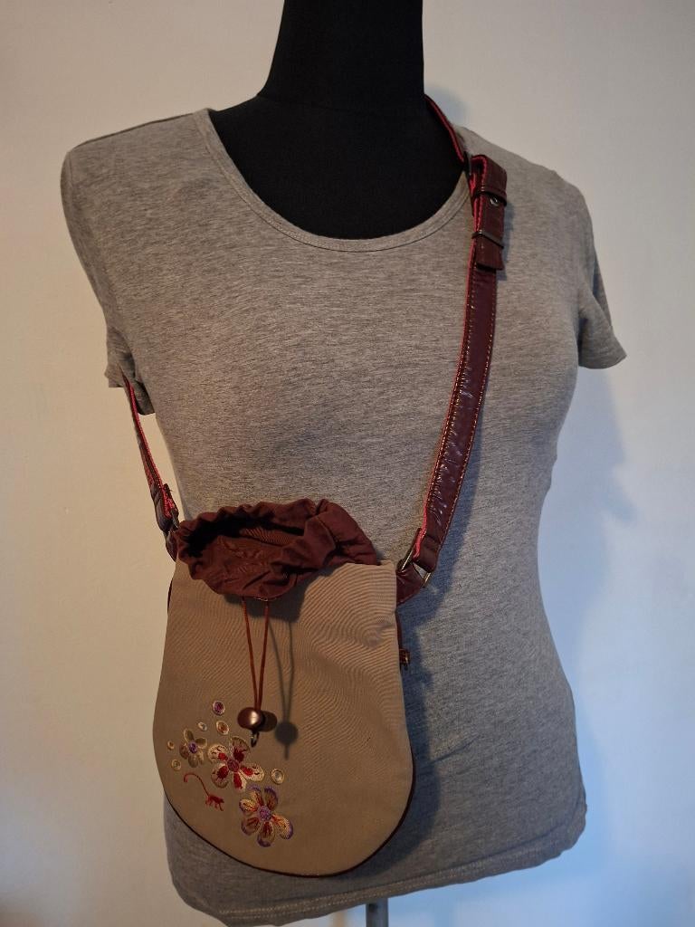 Crossbody tasje canvas taupe bordeaux geborduurde bloemen, Anneonline, Steenbergen, Beige, Ophalen of Verzenden