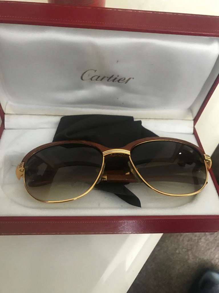 Cartier Malmaison Zonnebril Vintage Jaren '90 Goud/Eikenhout, Overige merken, Gebruikt, Zonnebril, Bruin