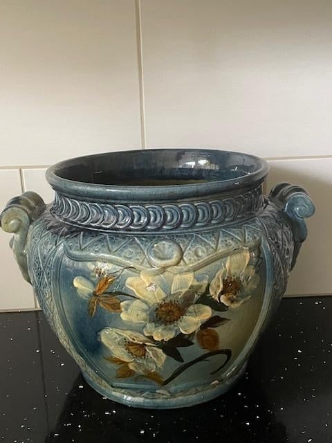 Antieke Grote  Geglazuurde Bloempot, Tuin en Terras, Bloempotten, Gebruikt, Rond, Minder dan 40 cm, Aardewerk