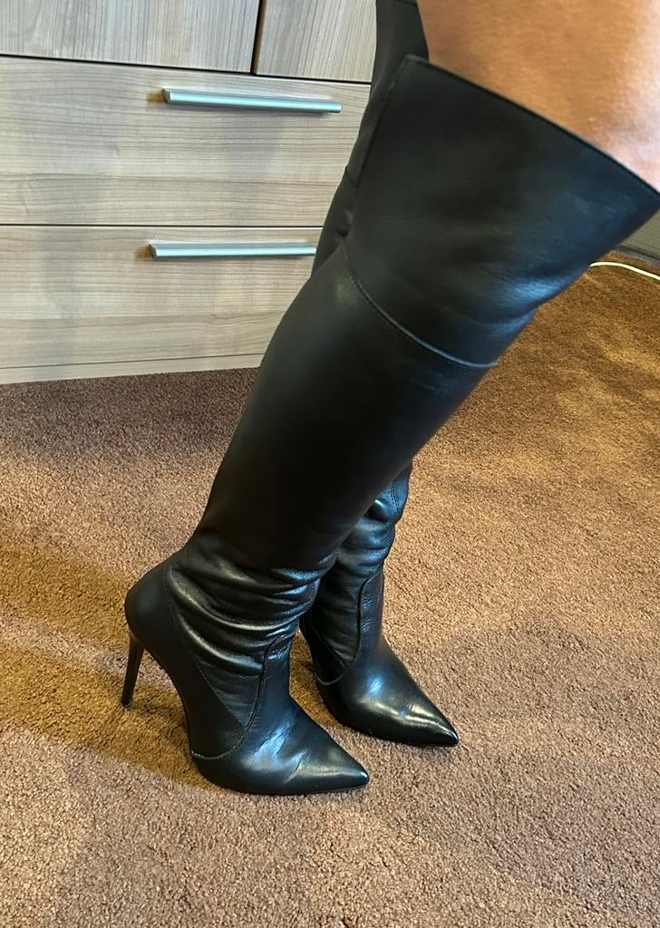 Echte Italiaanse sexy lederen overknee laarzen met 10cm hak, Hoge laarzen, Zwart, Ophalen of Verzenden, Zo goed als nieuw