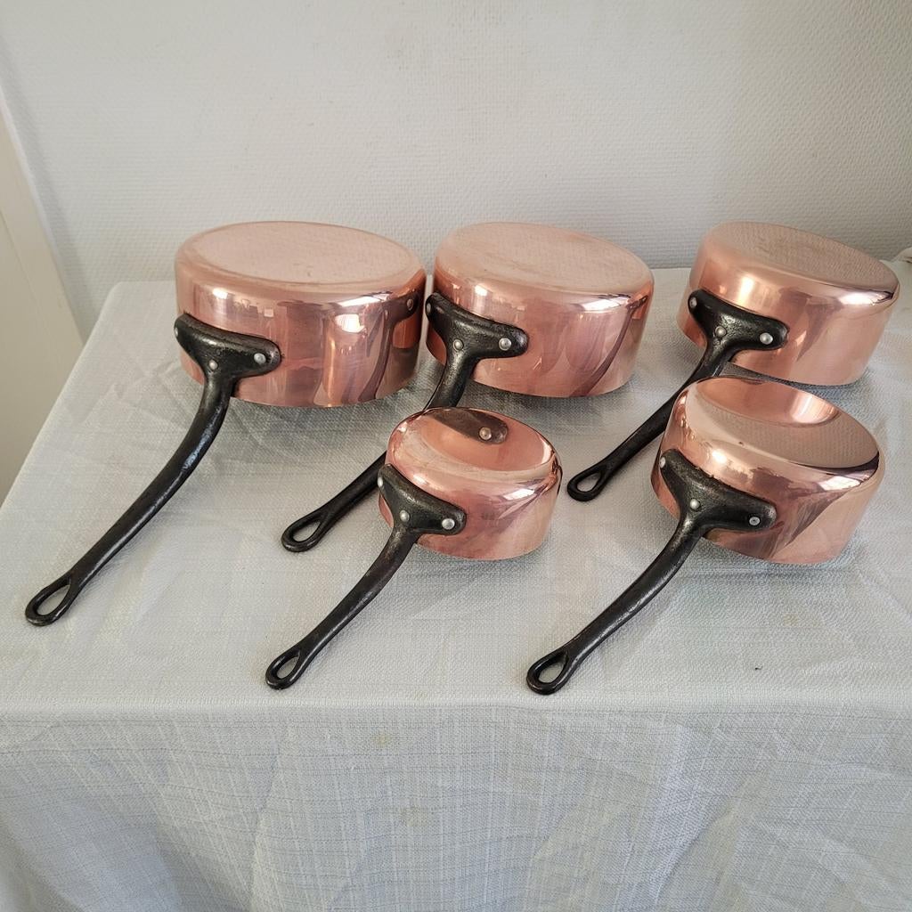 5 zware franse brocante koperen pannen pannenset  4.1 kilo, Huis en Inrichting, Keuken | Potten en Pannen, Ophalen of Verzenden
