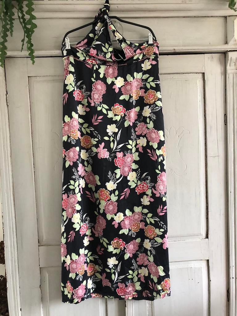 Prachtige zwart satijnen halter Maxi JURK Mt L / XL, Ophalen, Zwart, Maat 42/44 (L), Gedragen