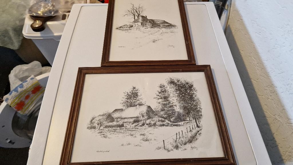 2 oude tekeningen etsen haaren en schijndel, Antiek en Kunst, Curiosa en Brocante, Ophalen of Verzenden