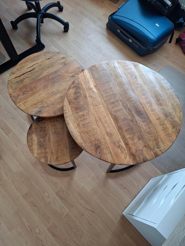 Set van 3 ronde salontafels, mangohout en metaal, Huis en Inrichting, Tafels | Salontafels, Gebruikt, 50 tot 100 cm, Rond, Industrieel, Modern
