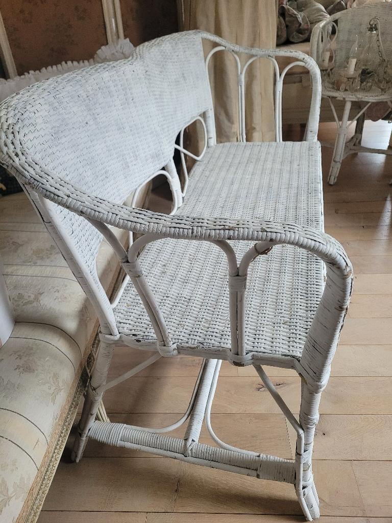 Vintage Frans rieten bankje, Antiek en Kunst, Ophalen