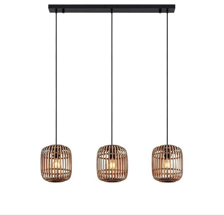 Hanglamp met 3 bamboe kappen inclusief lichtbron, Ophalen, Bohemian, Zo goed als nieuw, 75 cm of meer