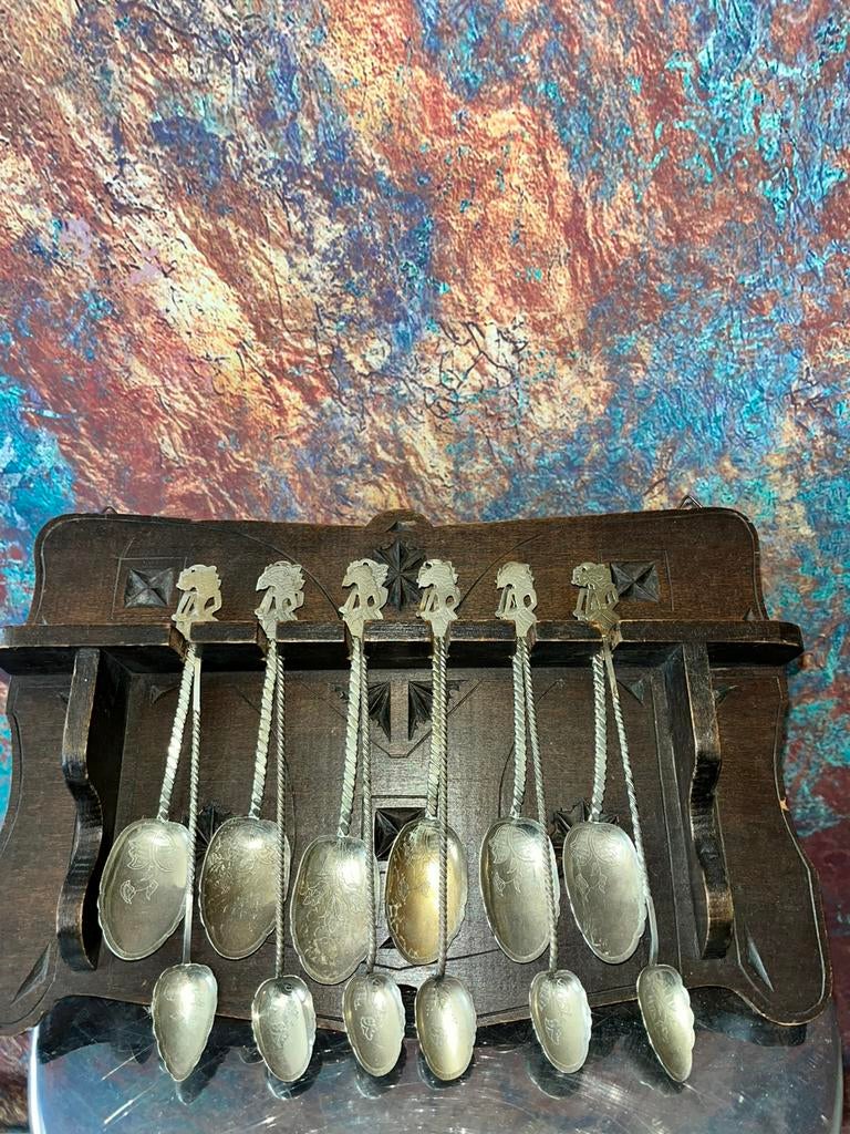 Djokja lepels 12x en antiek lepel rekje, Antiek en Kunst, Ophalen of Verzenden